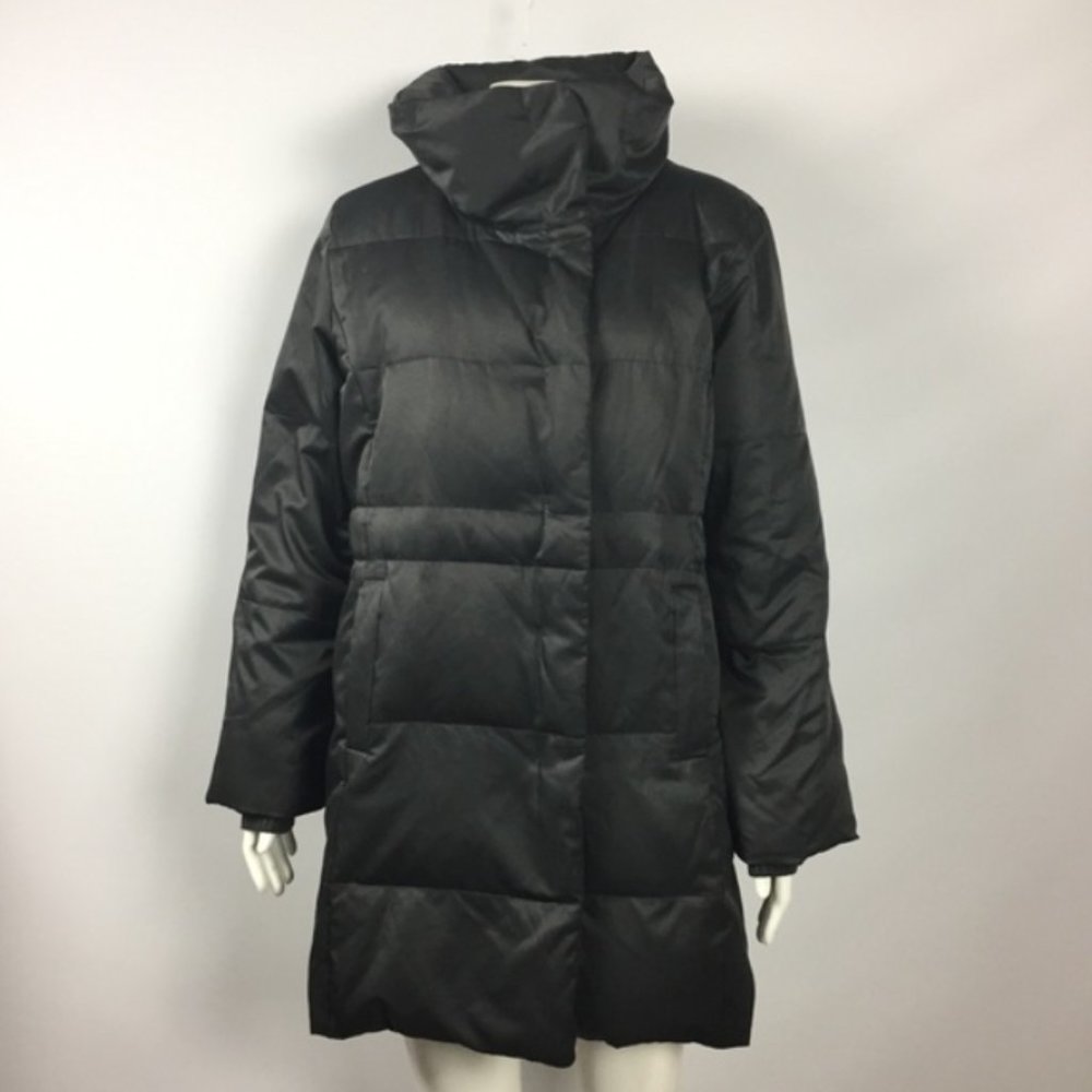 J. Jill Black Down Filled Snap Front 3/4 Length Long Hooded Coat, XL